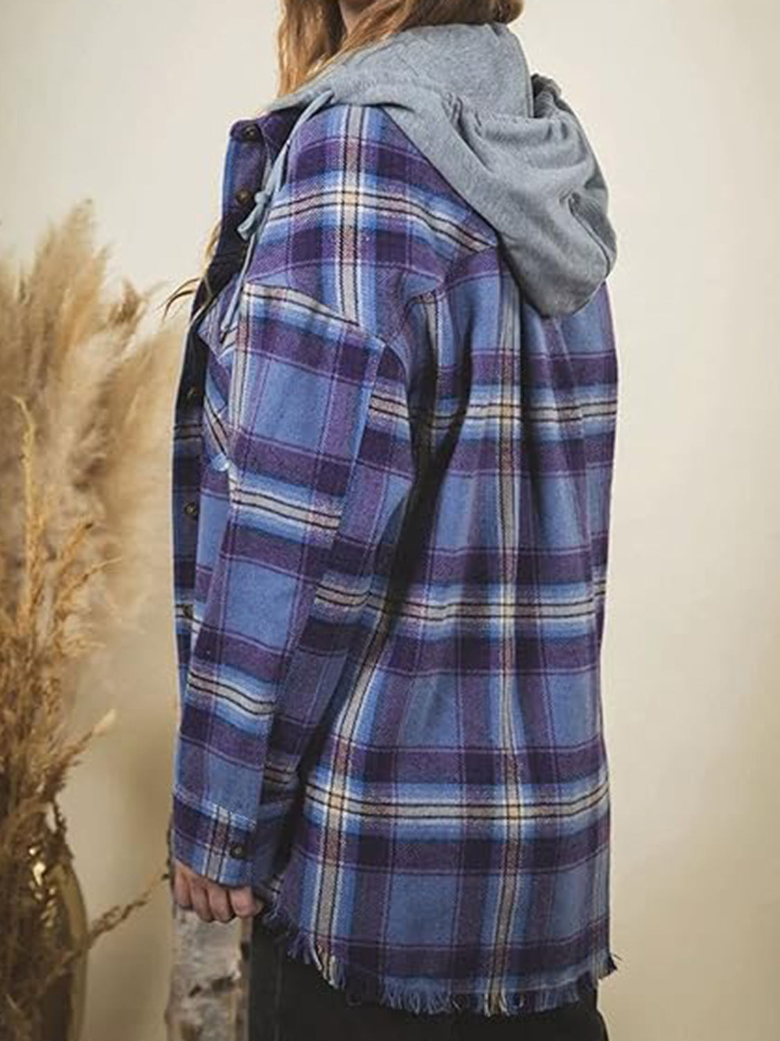Carmen® | Checked long sleeve hooded jacket with raw hem