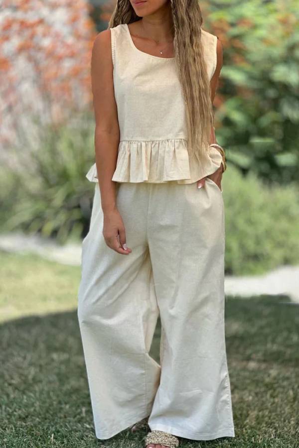 Alba® | Two-piece set consisting of a solid color cotton and linen sleeveless top and wide-leg pants
