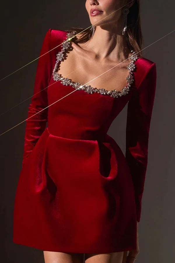 Aranza® | Endless Celebration jewel embellished velvet mini dress with long sleeve pockets