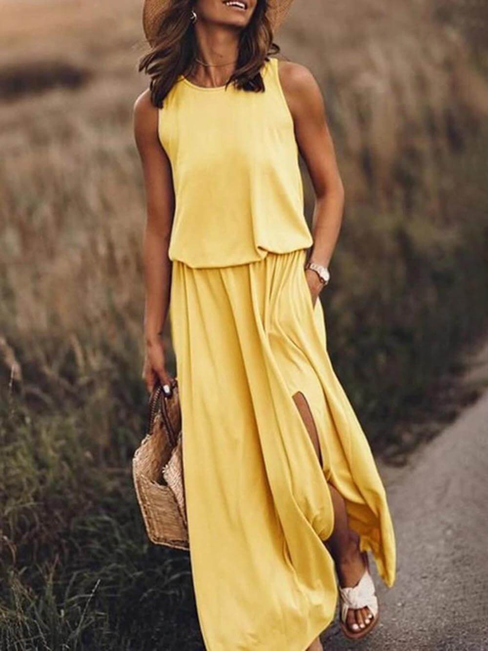 Rose | Loose Waisted Sleeveless Slit Dress - Breezy Summer Dress