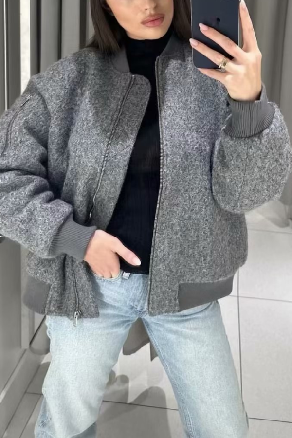 Cecilia® | Stand Collar Loose Long Sleeve Ribbed Flight Jacket