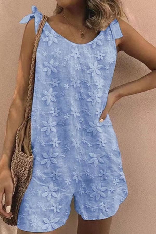Elena® | Tank top romper with floral embroidery and lace-up detail