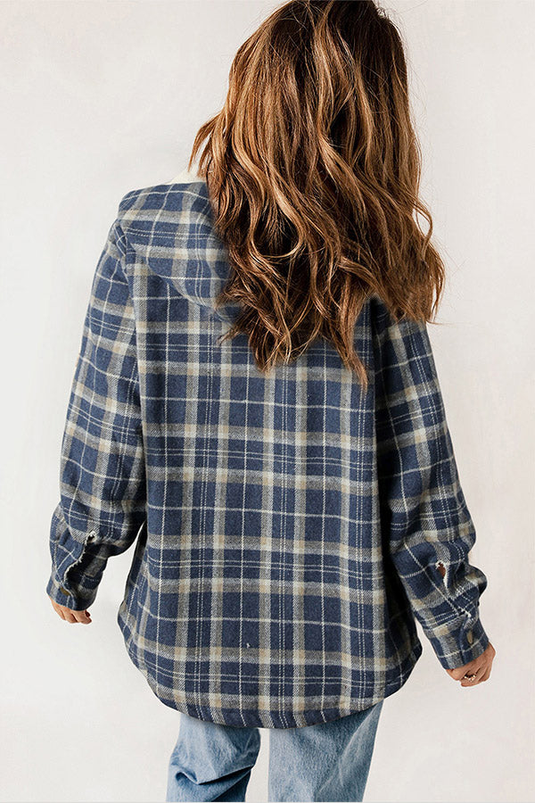 Agustina® | Snap Button Sherpa Lined Hooded Flannel Jacket