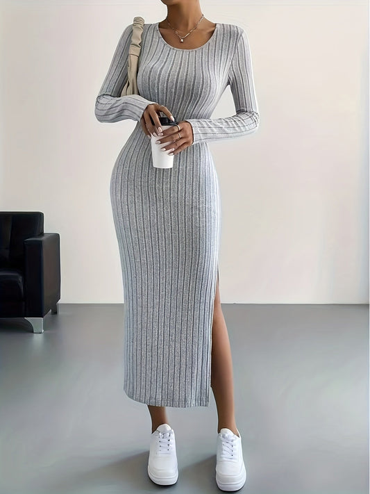 Amelia® | Elegant rib-knit midi dress with a high slit