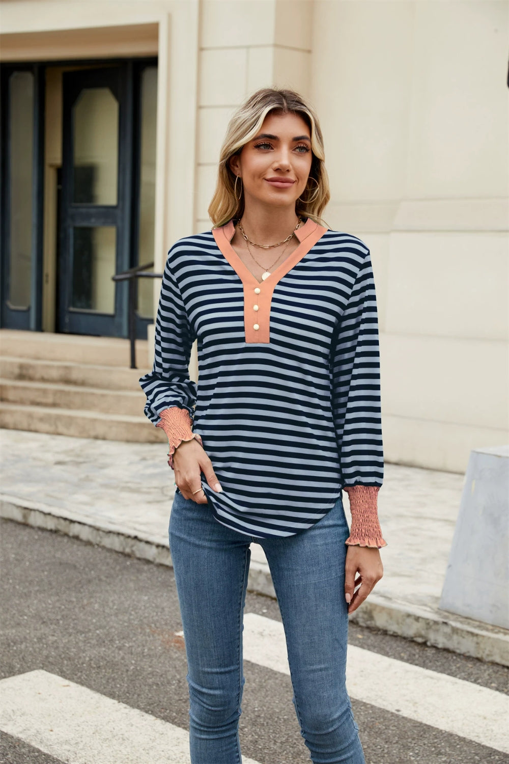 Elena® | Contrast striped long sleeve top with notches