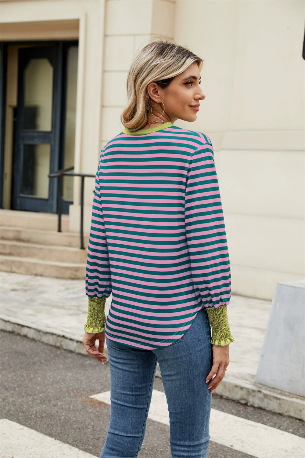 Elena® | Contrast striped long sleeve top with notches