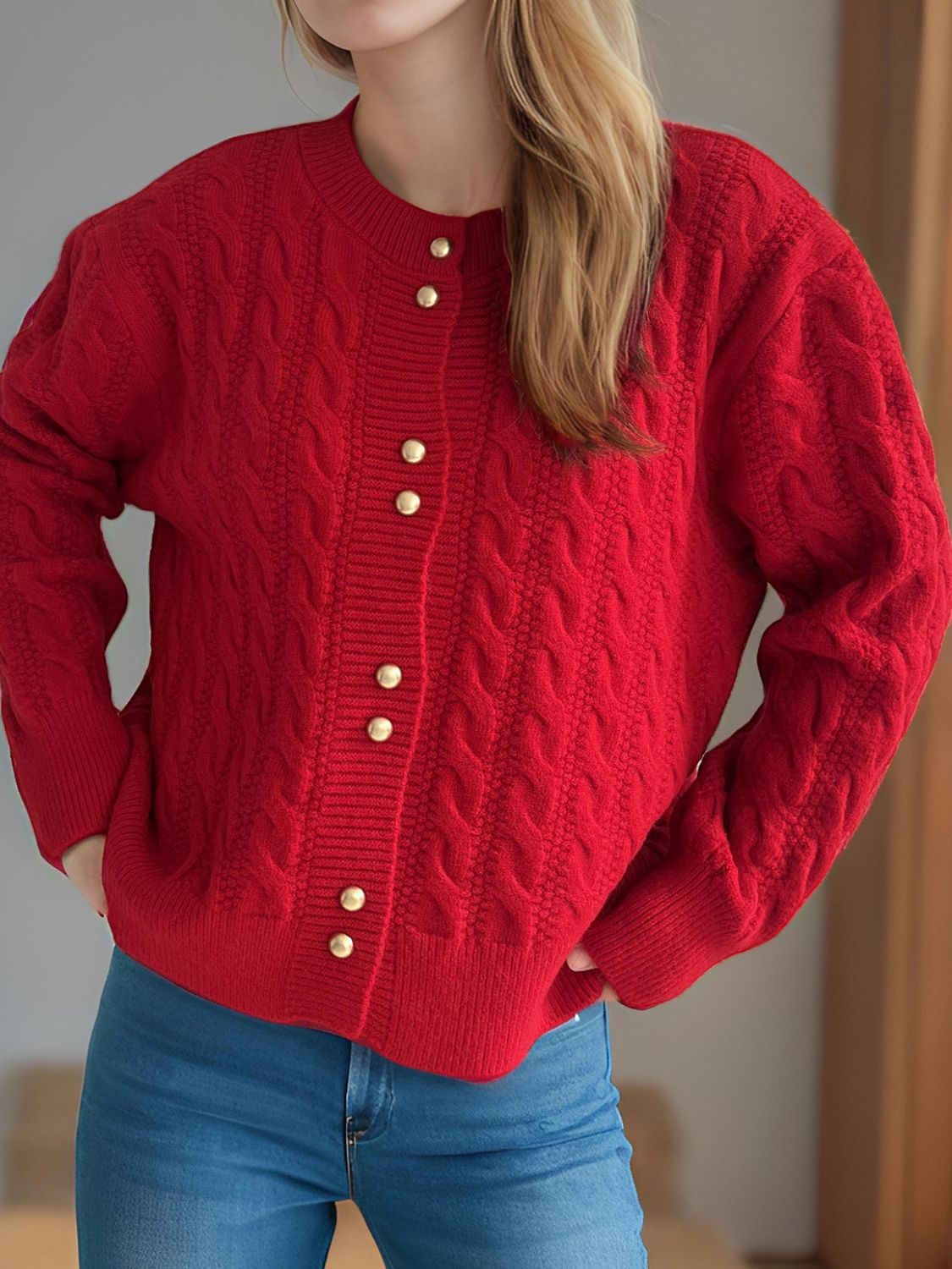 Cristina® | Cable knit cardigan with a crew neck and long sleeves