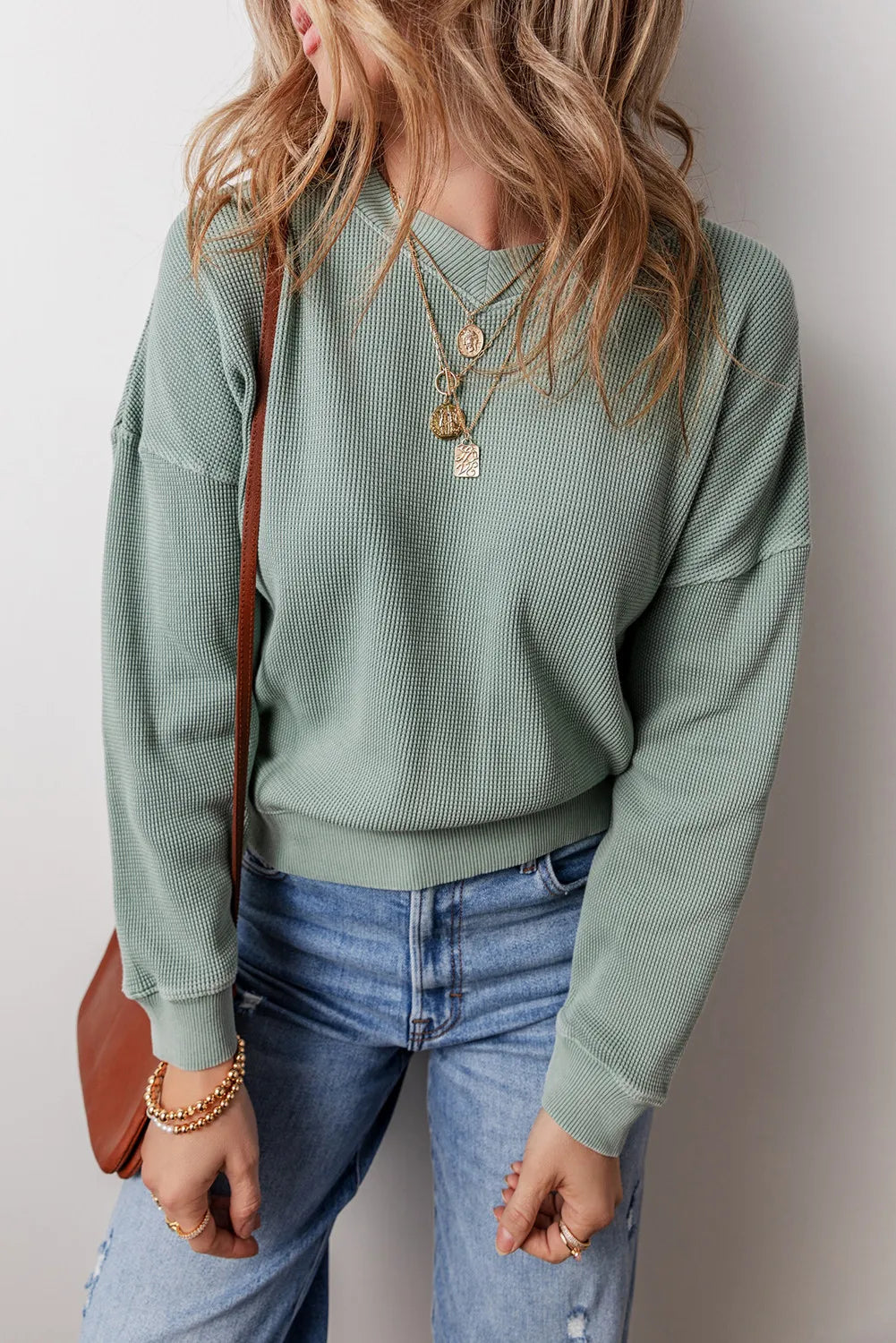 Avelina® | Waffle knit top with long sleeves and dropped shoulders