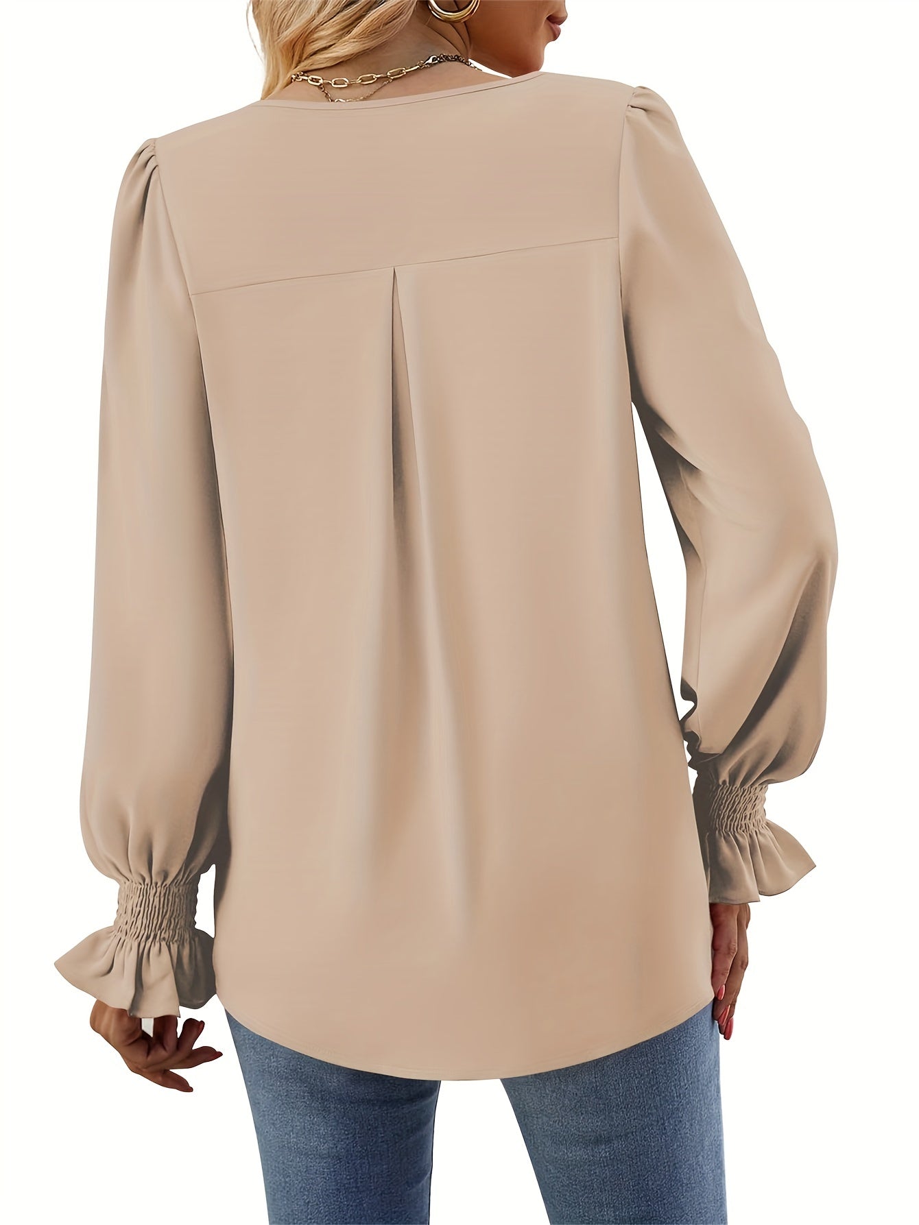 Brendell® | Simple V-Neck Blouse With Long Sleeves, Elegant Ruffled Blouse