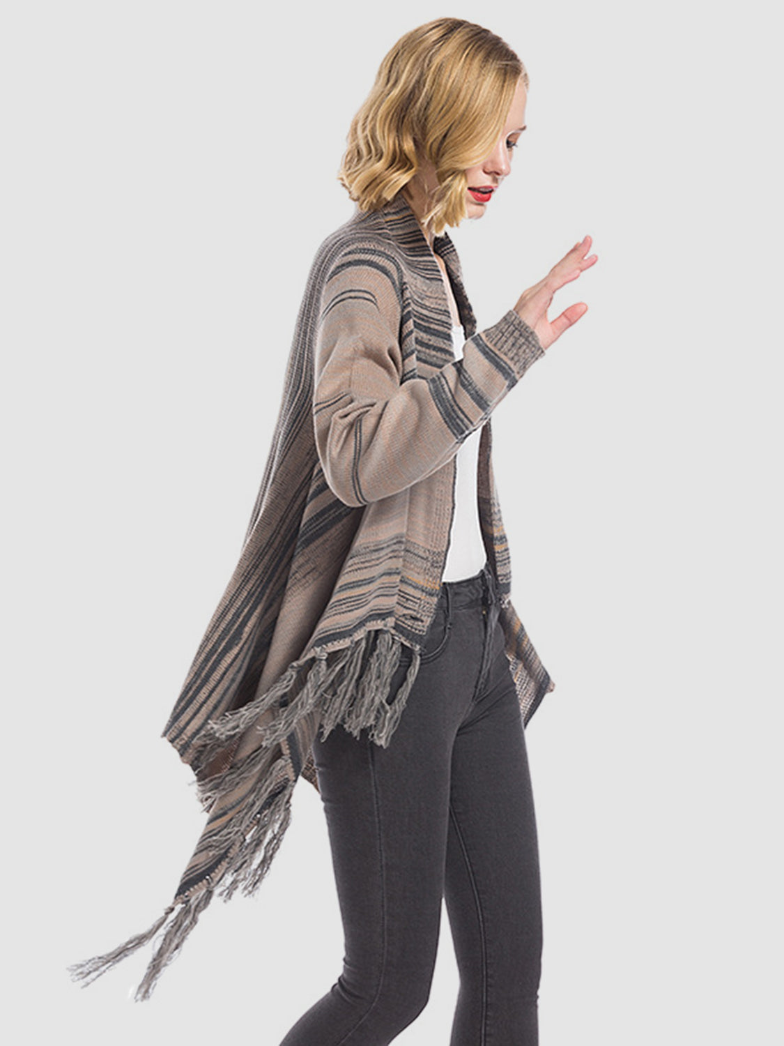 Dagny® | Long sleeve cardigan with tassel stripes and open front