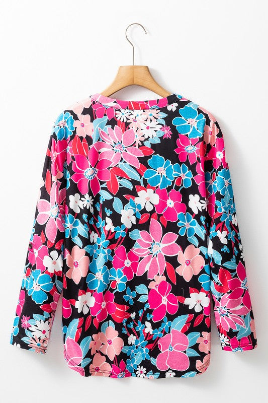Constance® | Pink floral V-neck blouse with tab sleeves