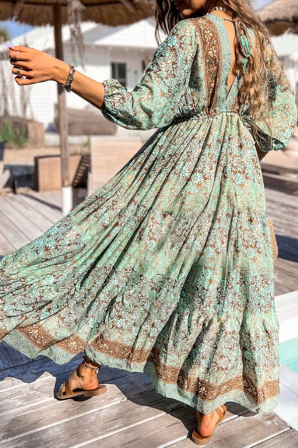 Ella® | Green boho floral print backless drawstring high waist maxi dress
