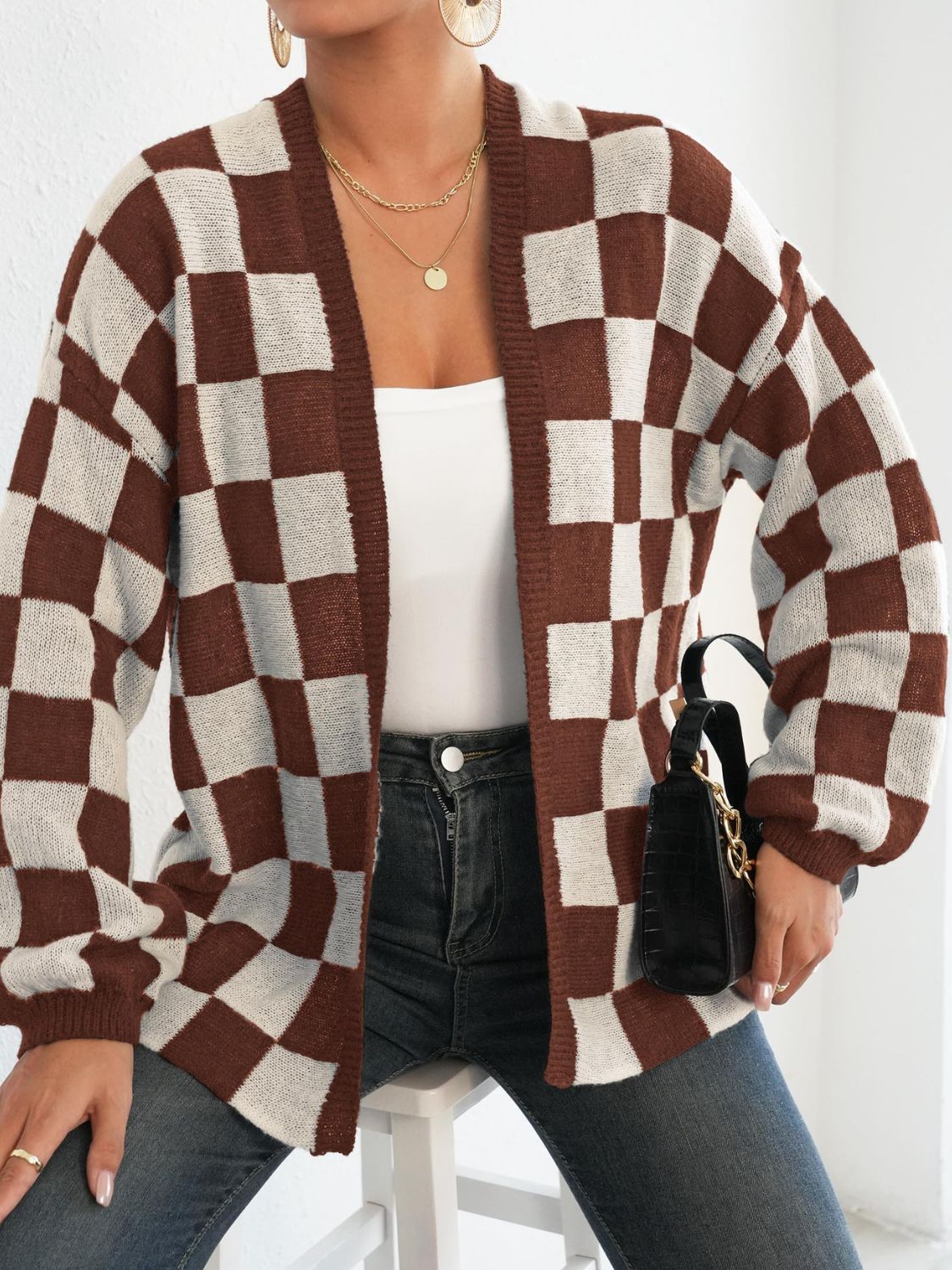 Carolina® | Checked open front long sleeve cardigan