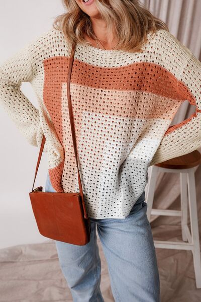 Ava® | Openwork, long-sleeved sweater with a color block design
