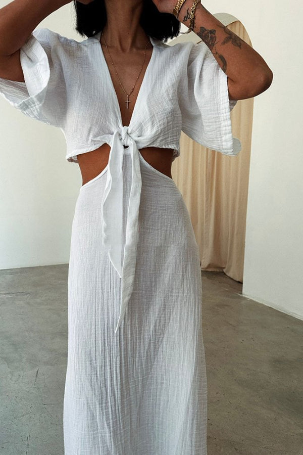 Elda® | Lace-up cotton and linen dress with exposed waist
