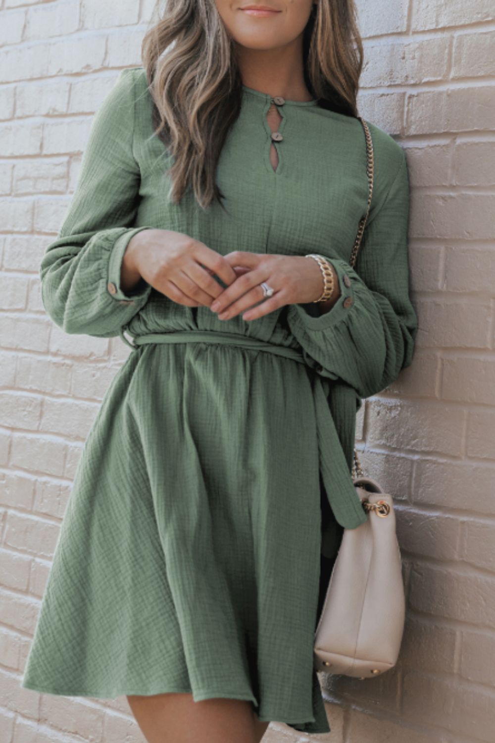 Aurora® | Dress with a round neckline, long sleeves and a tie waist