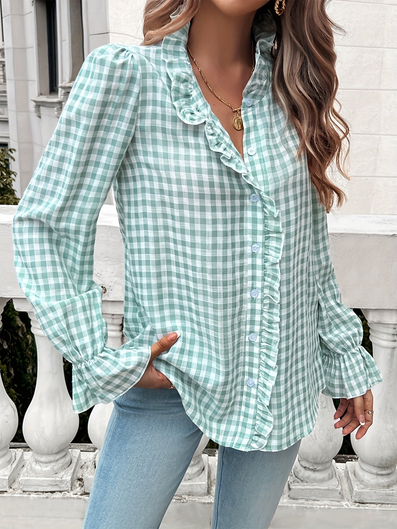 Brelynn® | Elegant Checked Ruffle Blouse With Long Sleeves For Women
