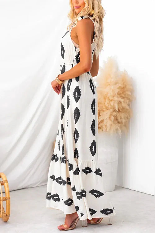 Elena® | Printed ruffle maxi dress with bow and knot at one shoulder