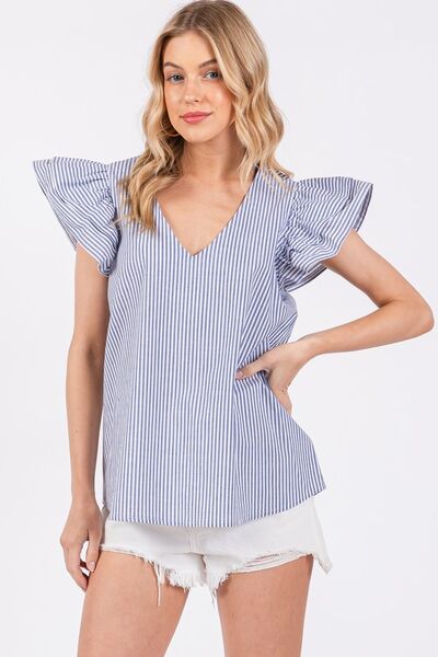 Doris® | Striped blouse with a V-neck and ruffled cap sleeves
