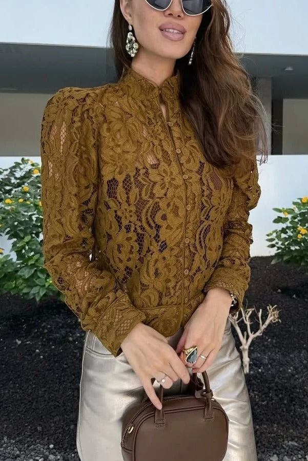 Daniela® | Palace Style Crochet Flower Lace Stand Neck Button Puff Sleeve Jacket
