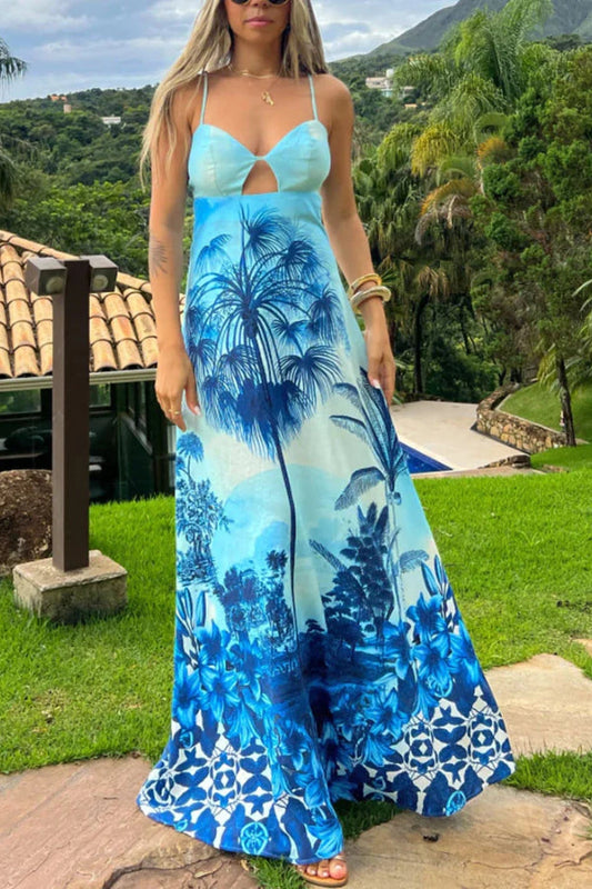 Alma® | Holiday blue dress with suspenders print