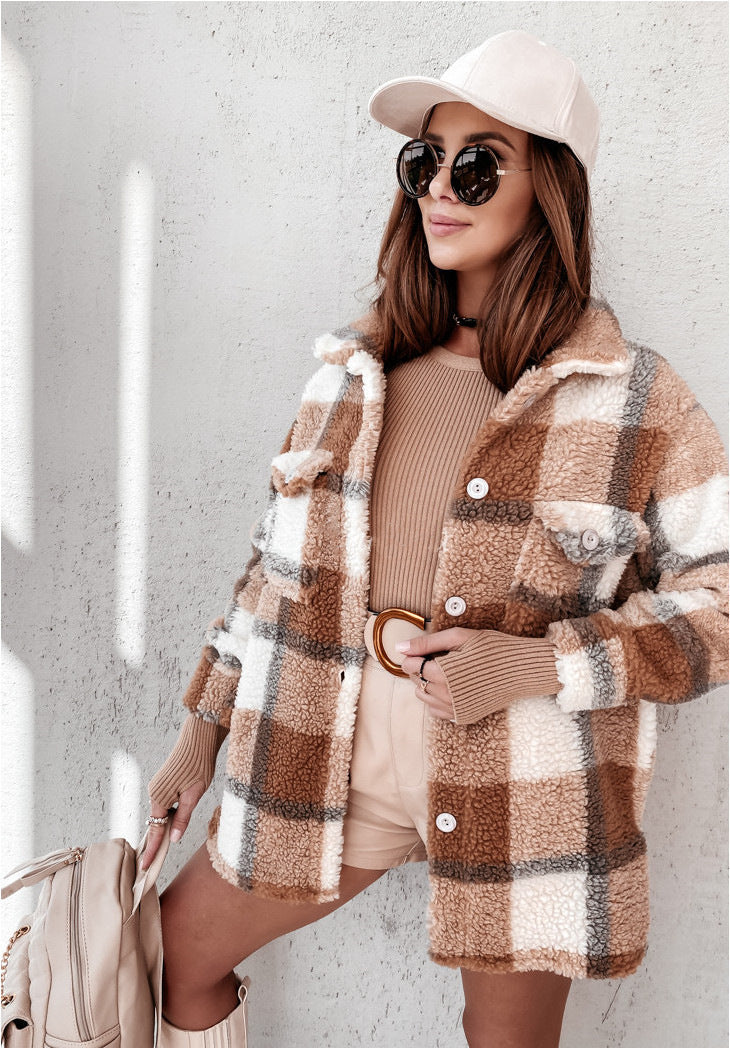 Charlotte® | Long-sleeved checked fur coat
