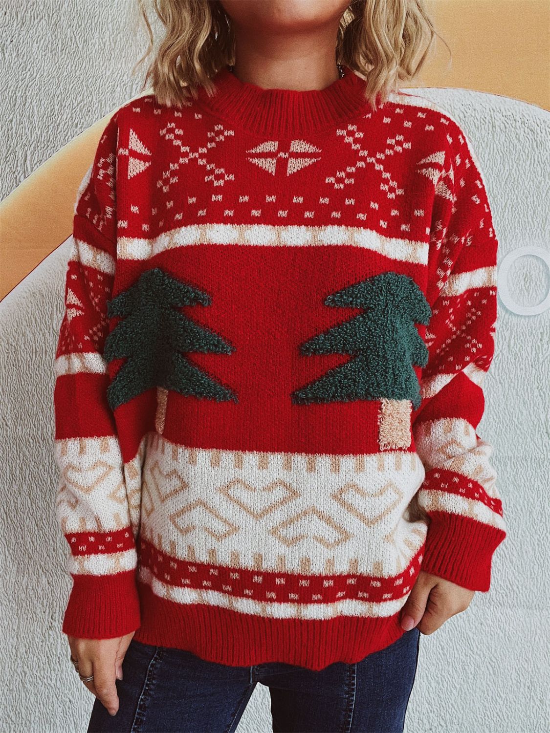 Annelies® | Long-sleeved Christmas tree sweater with stand-up collar