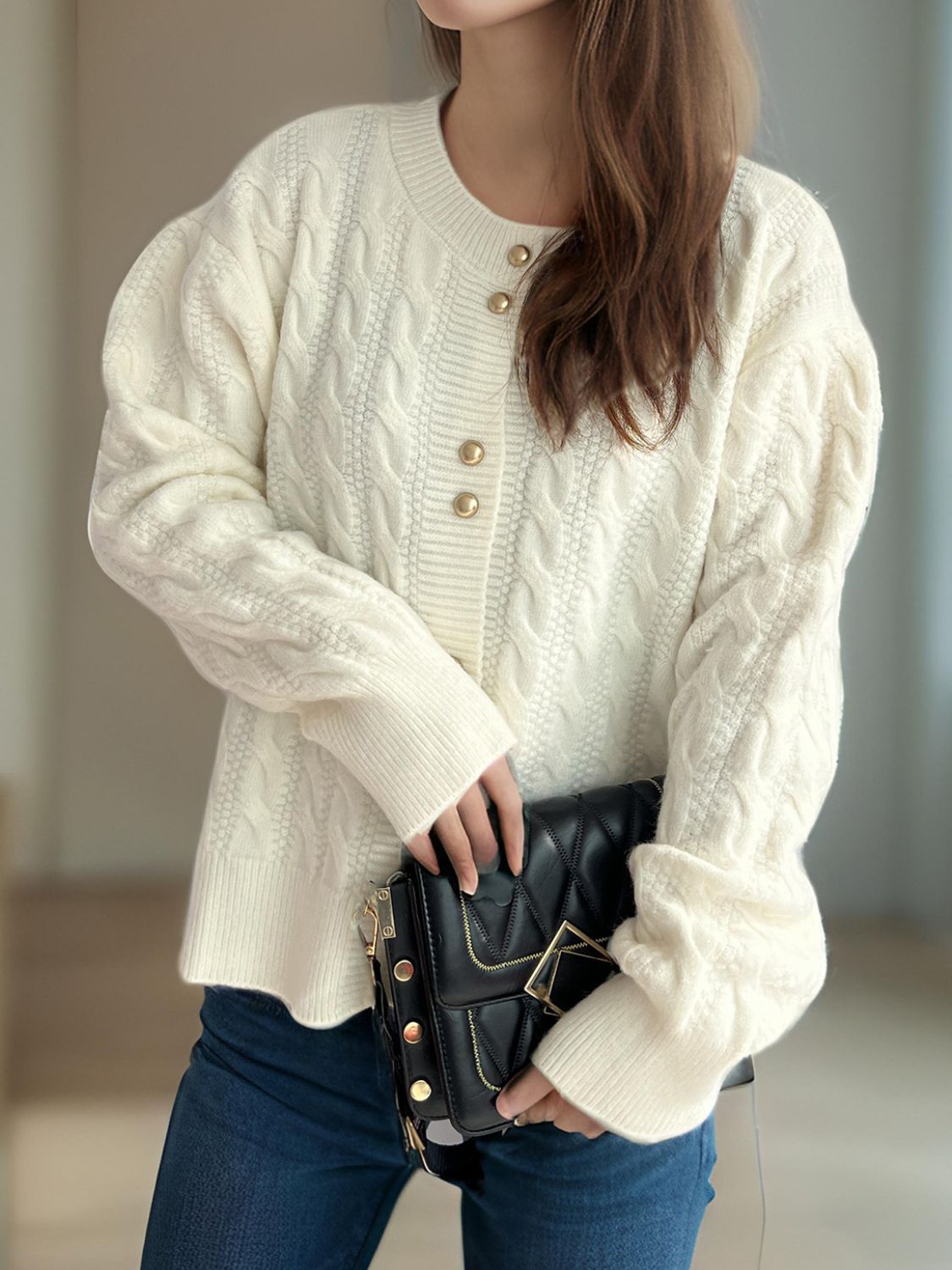 Cristina® | Cable knit cardigan with a crew neck and long sleeves
