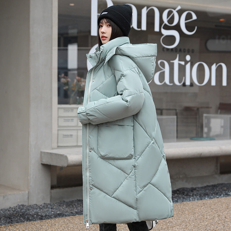 Women’s Quilted Coat – Oversized Fit – Padded Mid-Length – Hooded High Collar