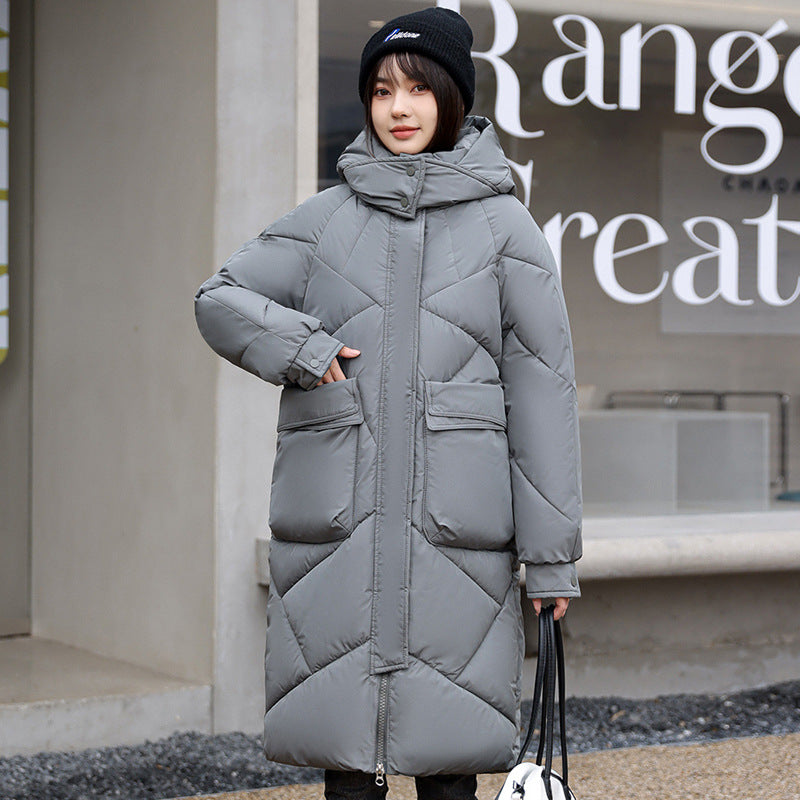 Women’s Quilted Coat – Oversized Fit – Padded Mid-Length – Hooded High Collar