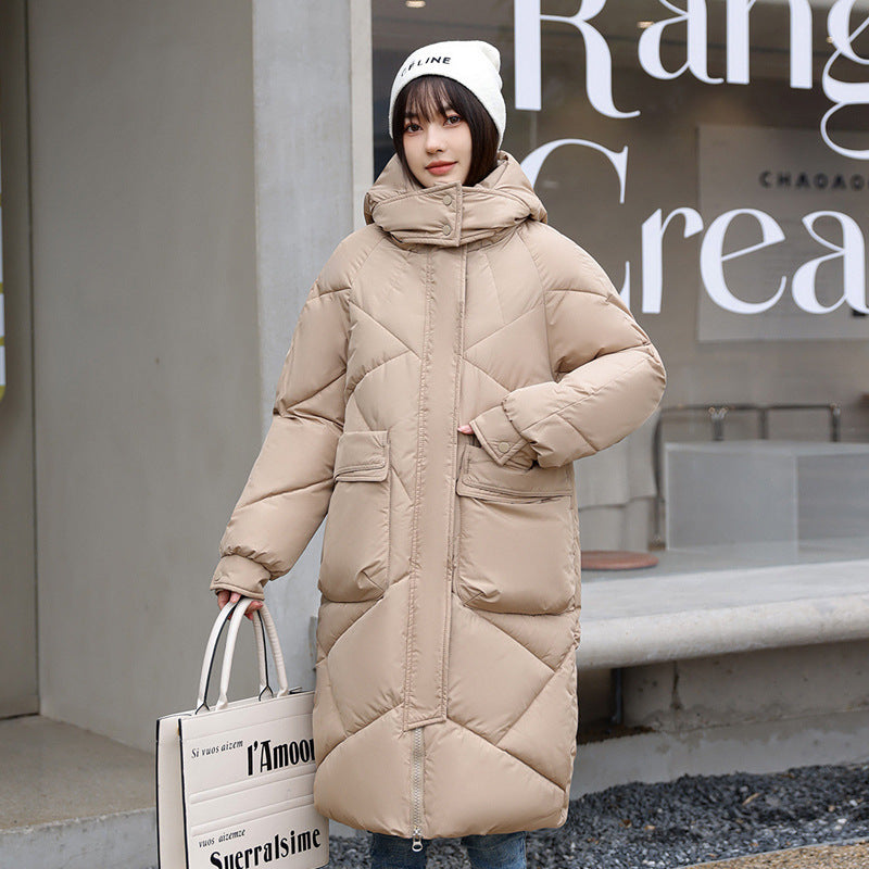 Women’s Quilted Coat – Oversized Fit – Padded Mid-Length – Hooded High Collar