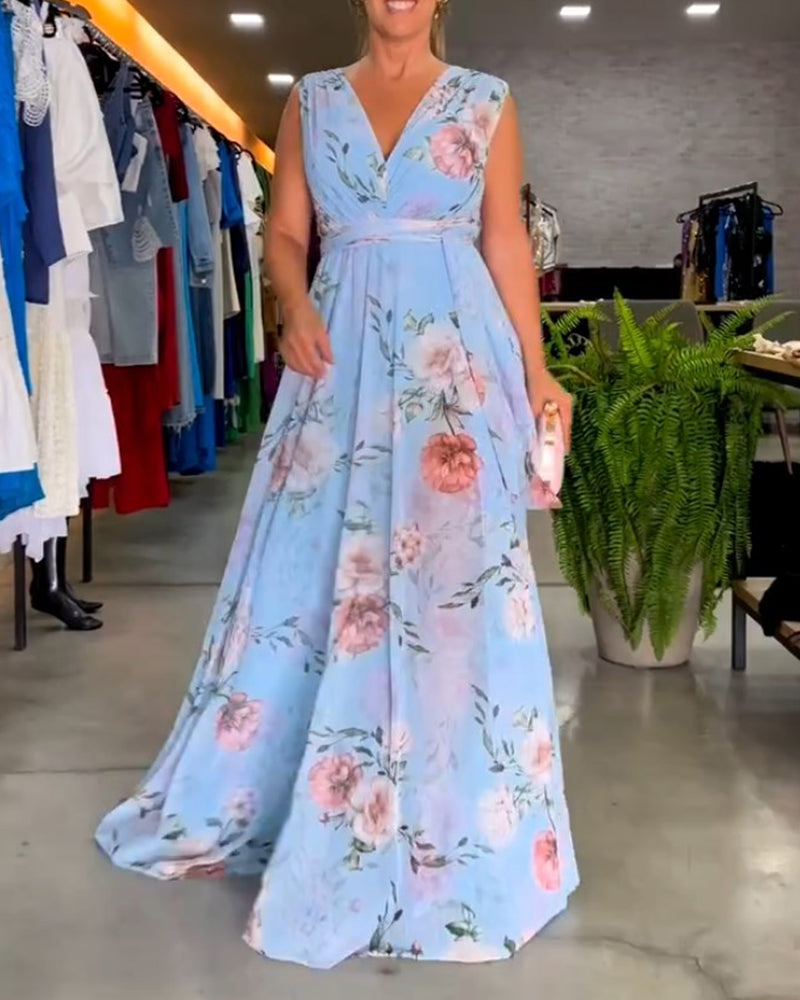 Barbara® | Elegant V-neck sleeveless dress with floral print