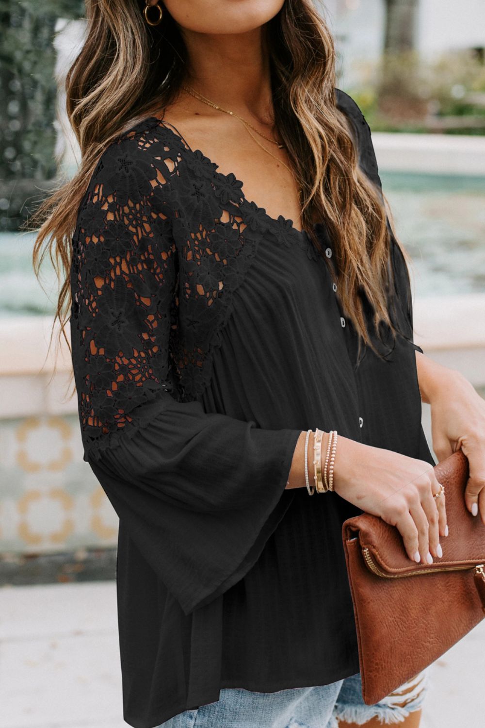 Celeste® | Top with neckline and V-neck and three-quarter sleeves