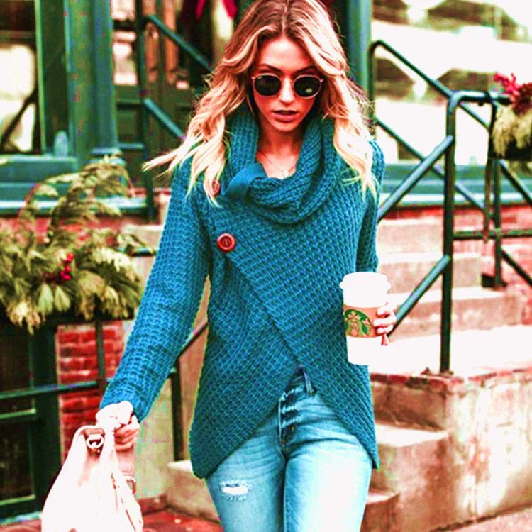 Women’s Pullover Sweater – Wool Knit – Relaxed Fit – High Neck – Crossover Front