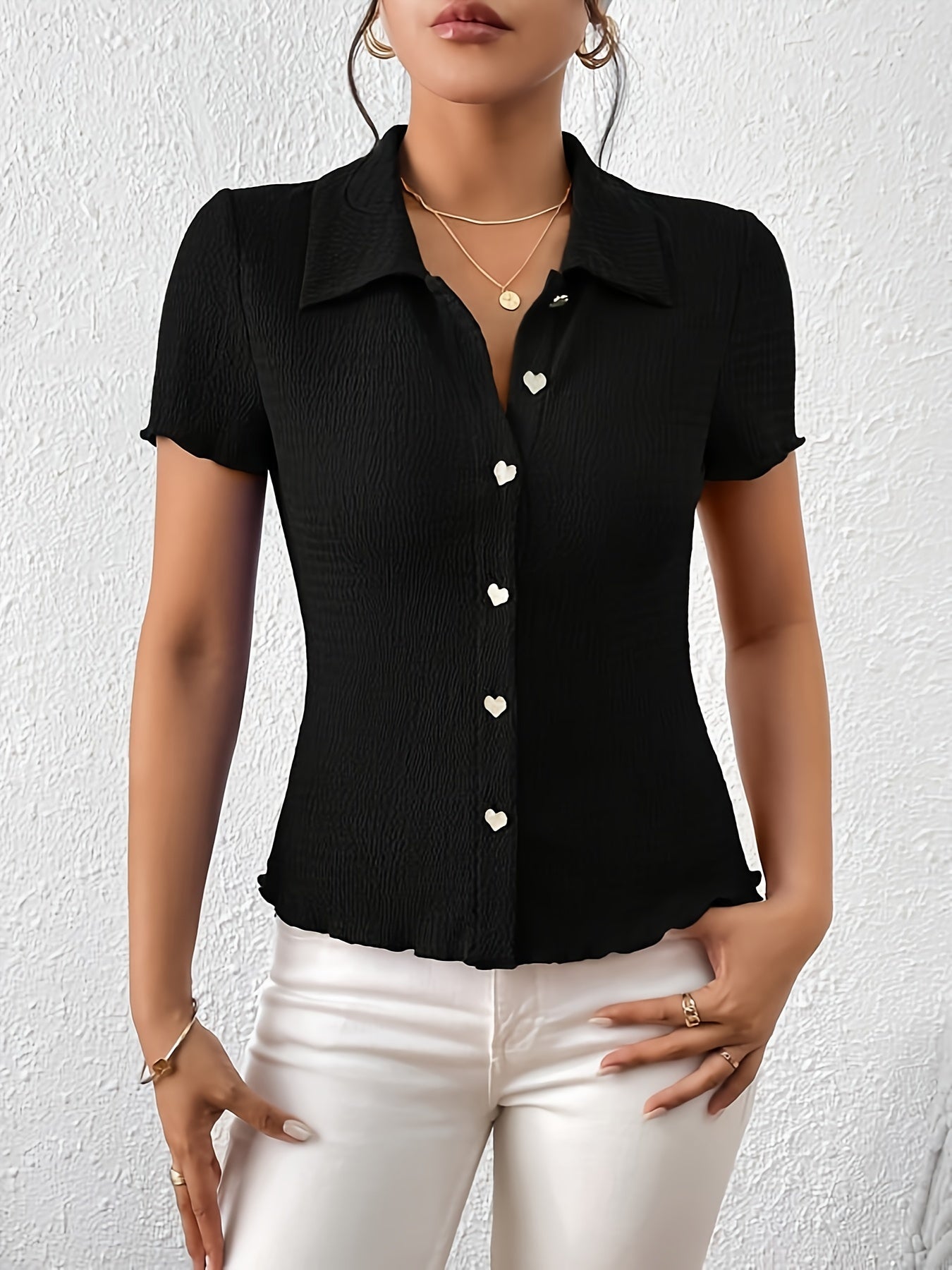 Brunty® | Black Blouse With Heart-Shaped Buttons For Women