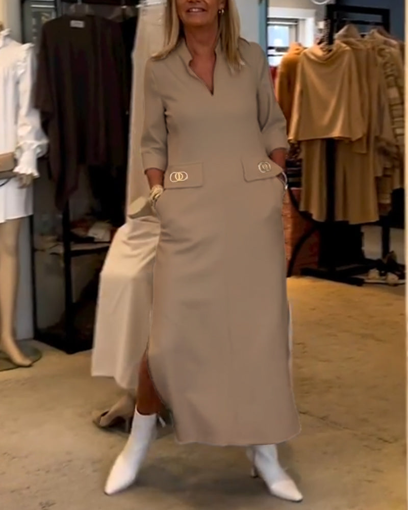 Adela® | Solid color slit dress with 3/4 sleeves