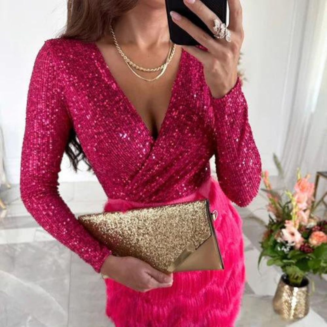 Amalberga® | Heidi-Mode Sequin Dress With V-Neck
