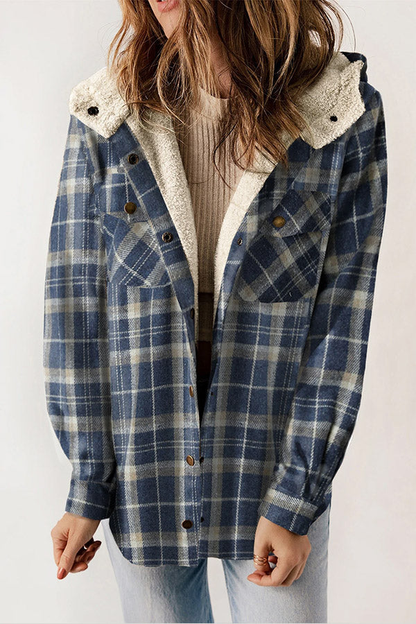 Agustina® | Snap Button Sherpa Lined Hooded Flannel Jacket