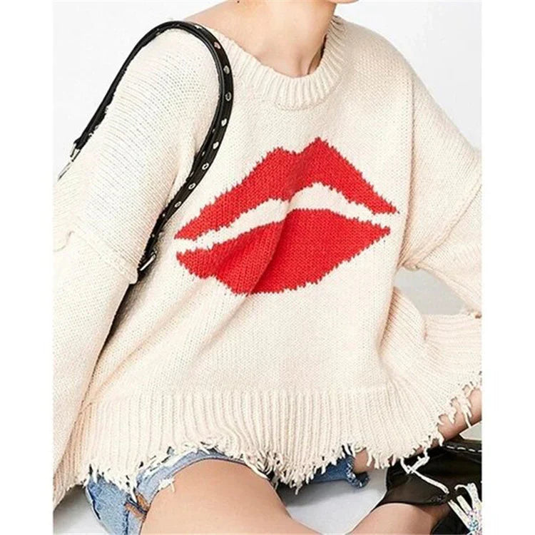 Women’s Sweater – Chunky Knit – Oversized Fit – Lip Motif – Fringed Hem
