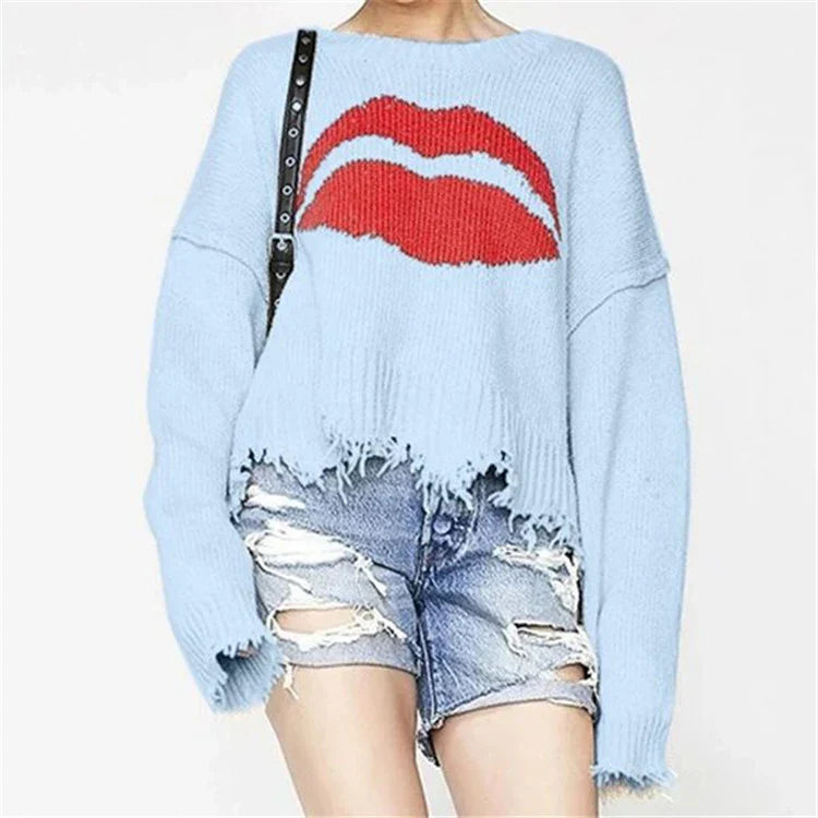 Women’s Sweater – Chunky Knit – Oversized Fit – Lip Motif – Fringed Hem