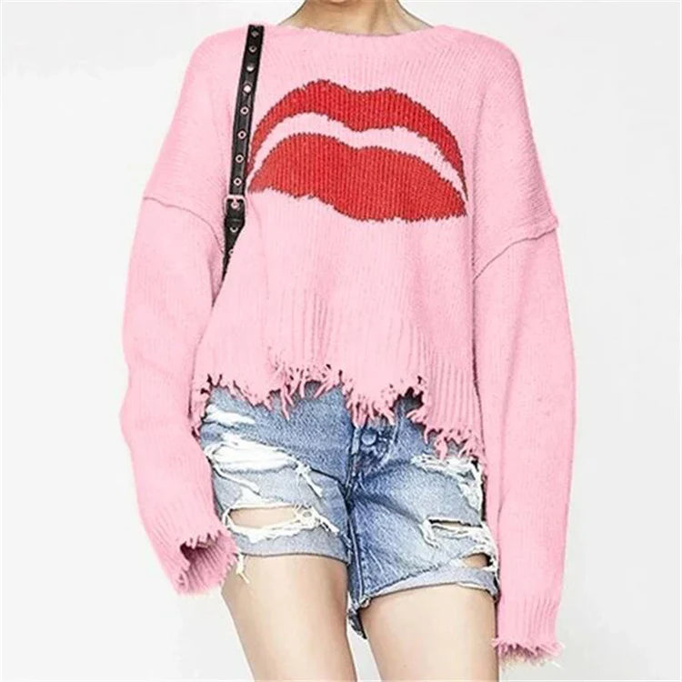 Women’s Sweater – Chunky Knit – Oversized Fit – Lip Motif – Fringed Hem