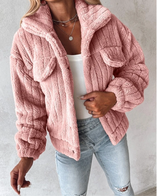 Women’s Teddy Coat – Oversized Fit – Plush Fuzzy Texture – Button Front – Chest Pockets