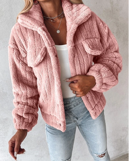 Women’s Teddy Coat – Oversized Fit – Plush Fuzzy Texture – Button Front – Chest Pockets