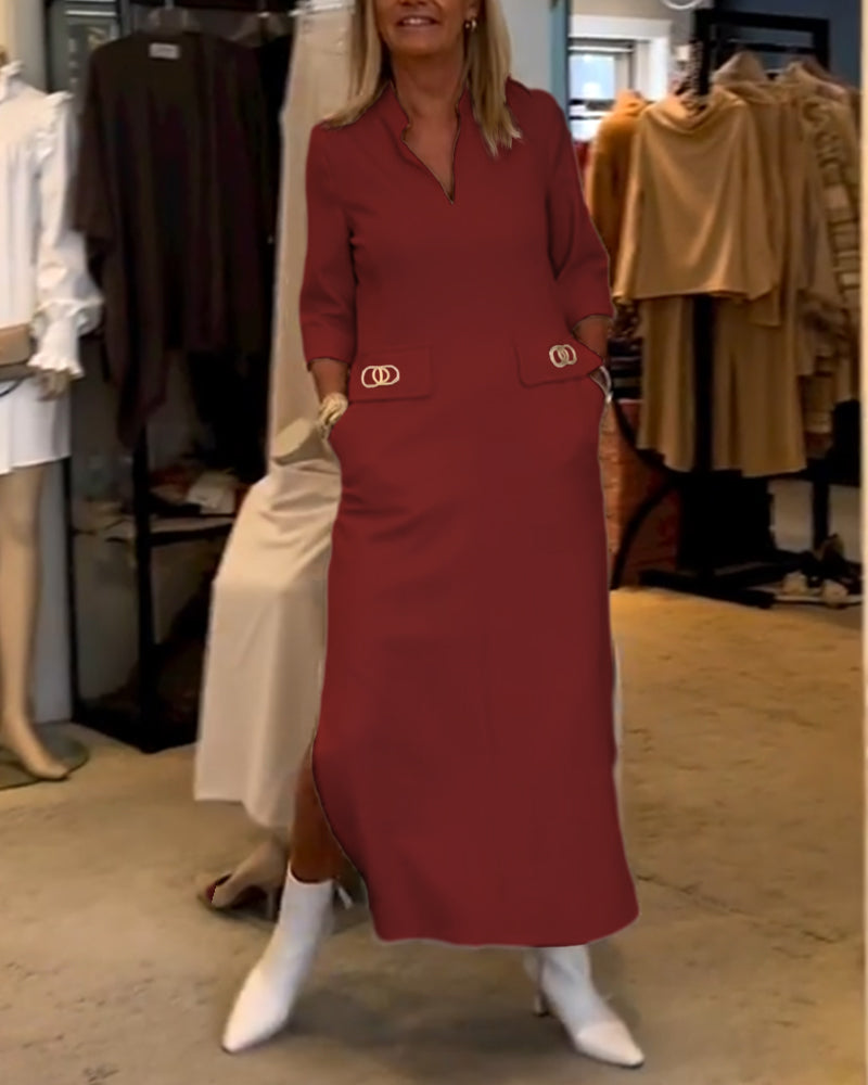 Adela® | Solid color slit dress with 3/4 sleeves
