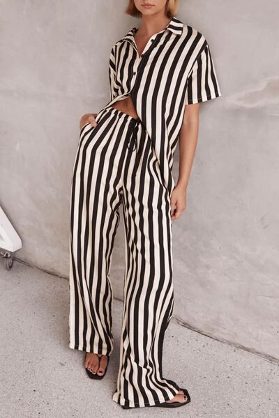 Celeste® | Striped top and pants set with a mid-length collar and collar