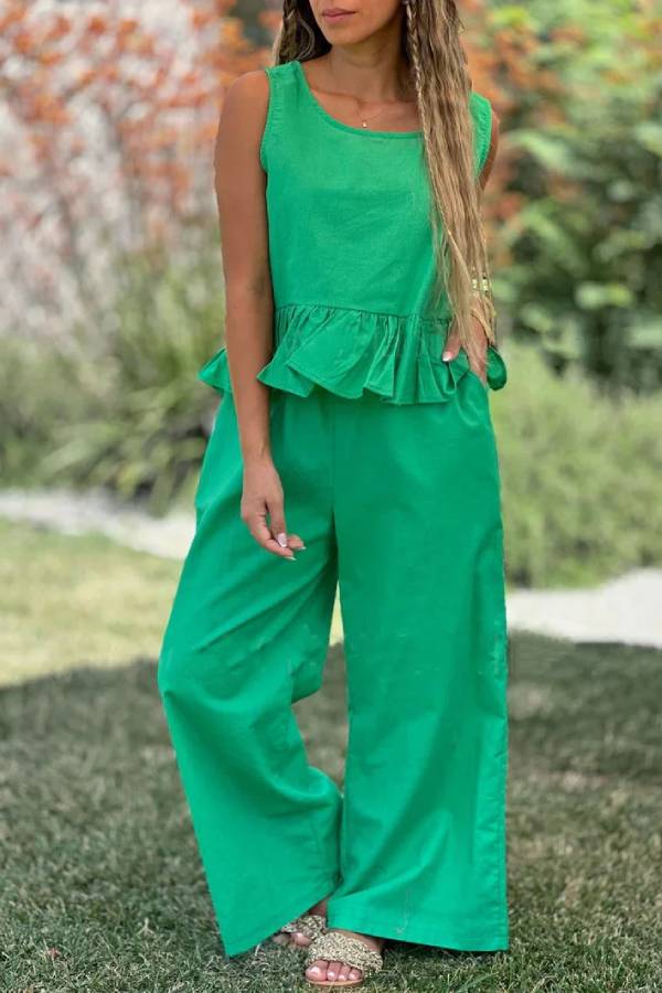 Alba® | Two-piece set consisting of a solid color cotton and linen sleeveless top and wide-leg pants