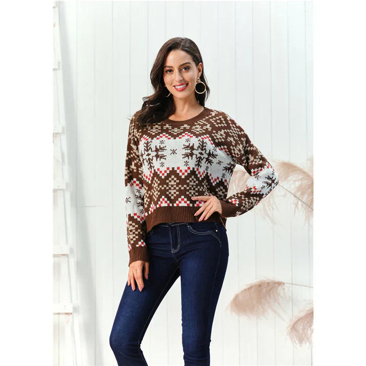 Women’s Knit Sweater – Wool Blend – Relaxed Fit – Chunky Fair Isle Pattern – Hip Length