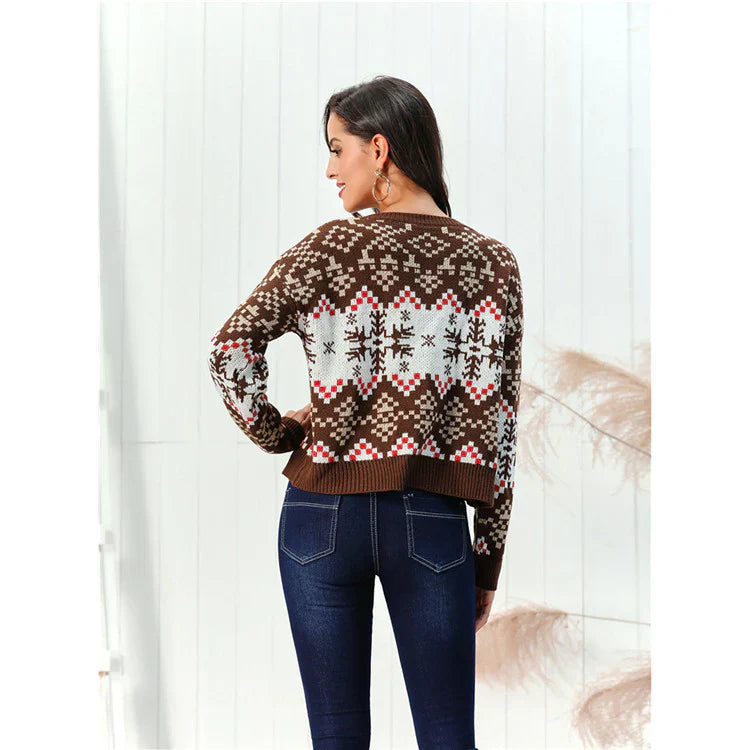 Women’s Knit Sweater – Wool Blend – Relaxed Fit – Chunky Fair Isle Pattern – Hip Length