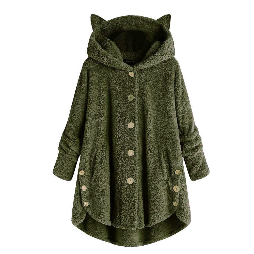 Women’s Hooded Coat – Plush Fabric – Oversized Fit – Cat Ear Hood – Button Front