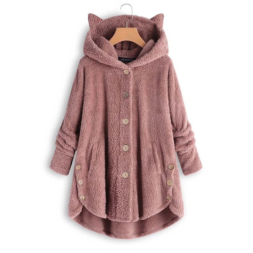 Women’s Hooded Coat – Plush Fabric – Oversized Fit – Cat Ear Hood – Button Front